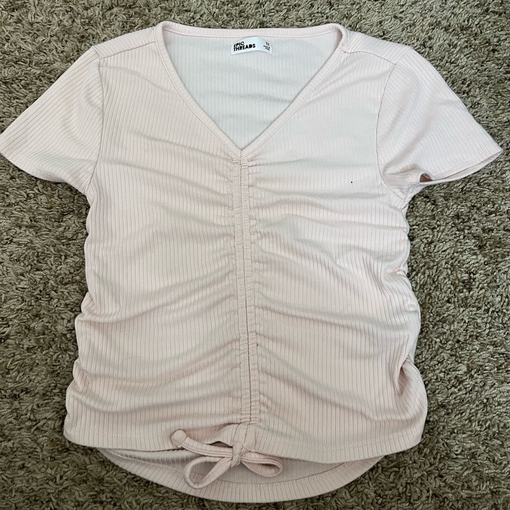 pink ruched tie front top